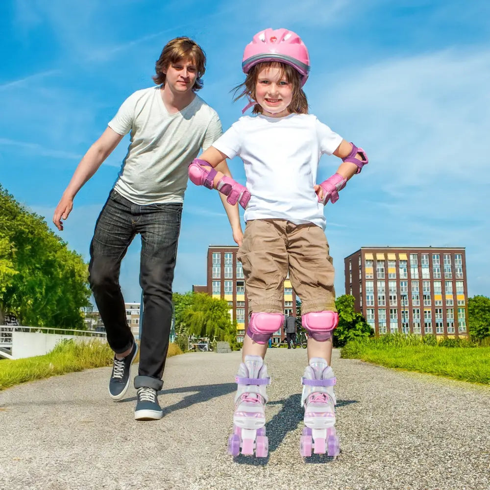 Kids Roller Skates 4 Sizes Adjustable Quad Skates with Light-up Wheels-Pink - Pink - Toy Sports