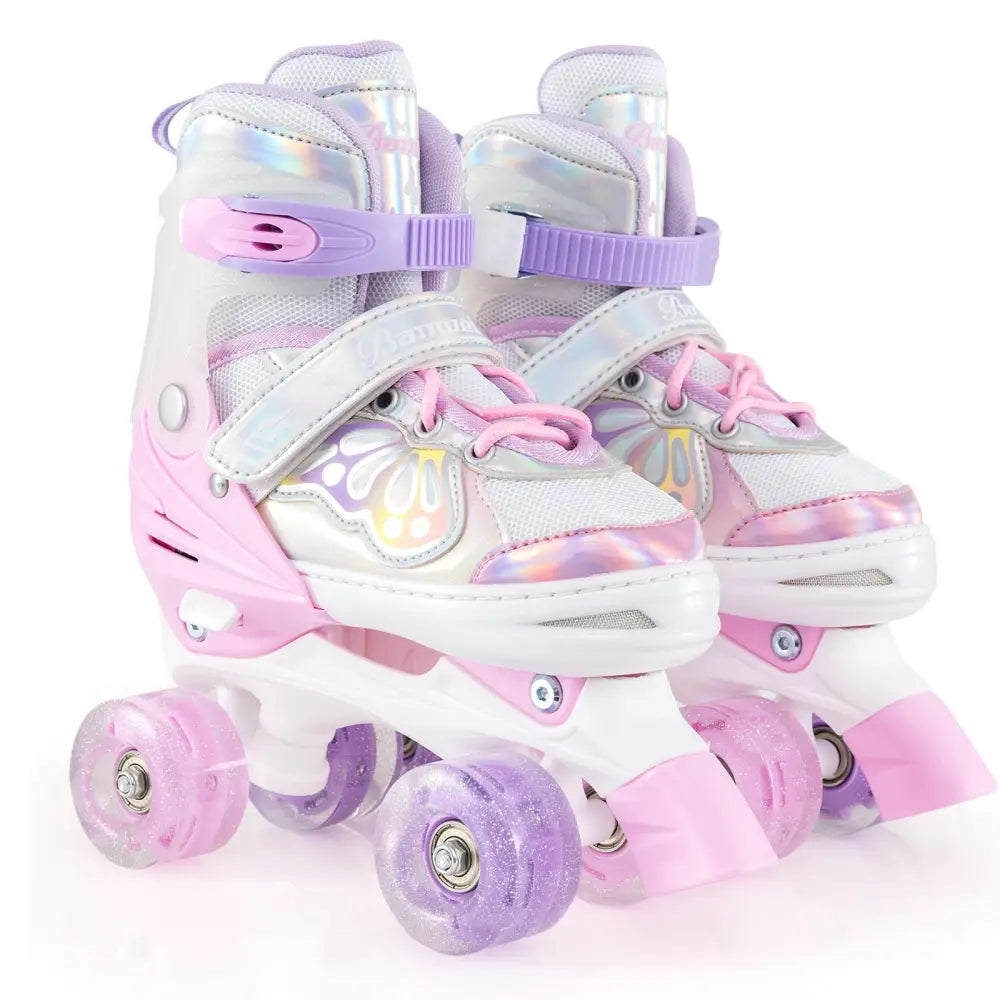 Kids Roller Skates 4 Sizes Adjustable Quad Skates with Light-up Wheels-Pink - Pink - Toy Sports