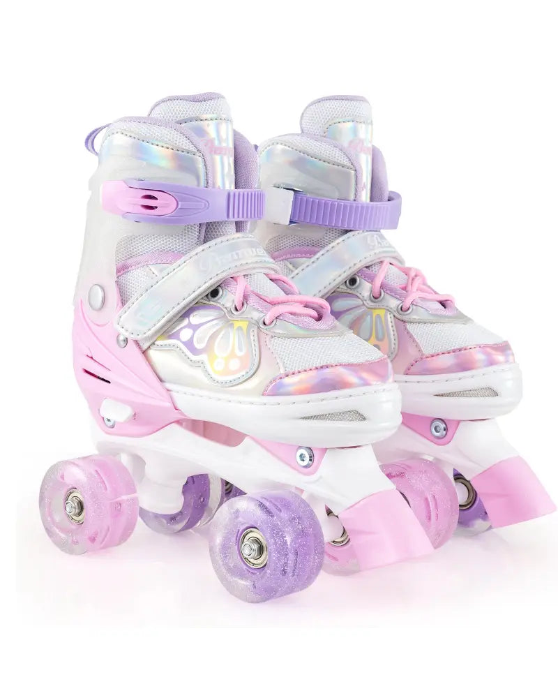 Kids Roller Skates 4 Sizes Adjustable Quad Skates with Light-up Wheels-Pink - Pink - Toy Sports