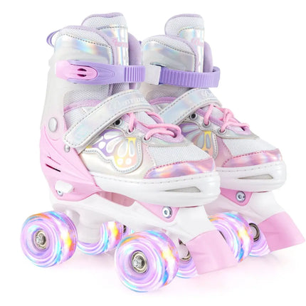 Kids Roller Skates 4 Sizes Adjustable Quad Skates with Light-up Wheels-Pink - Pink - Toy Sports