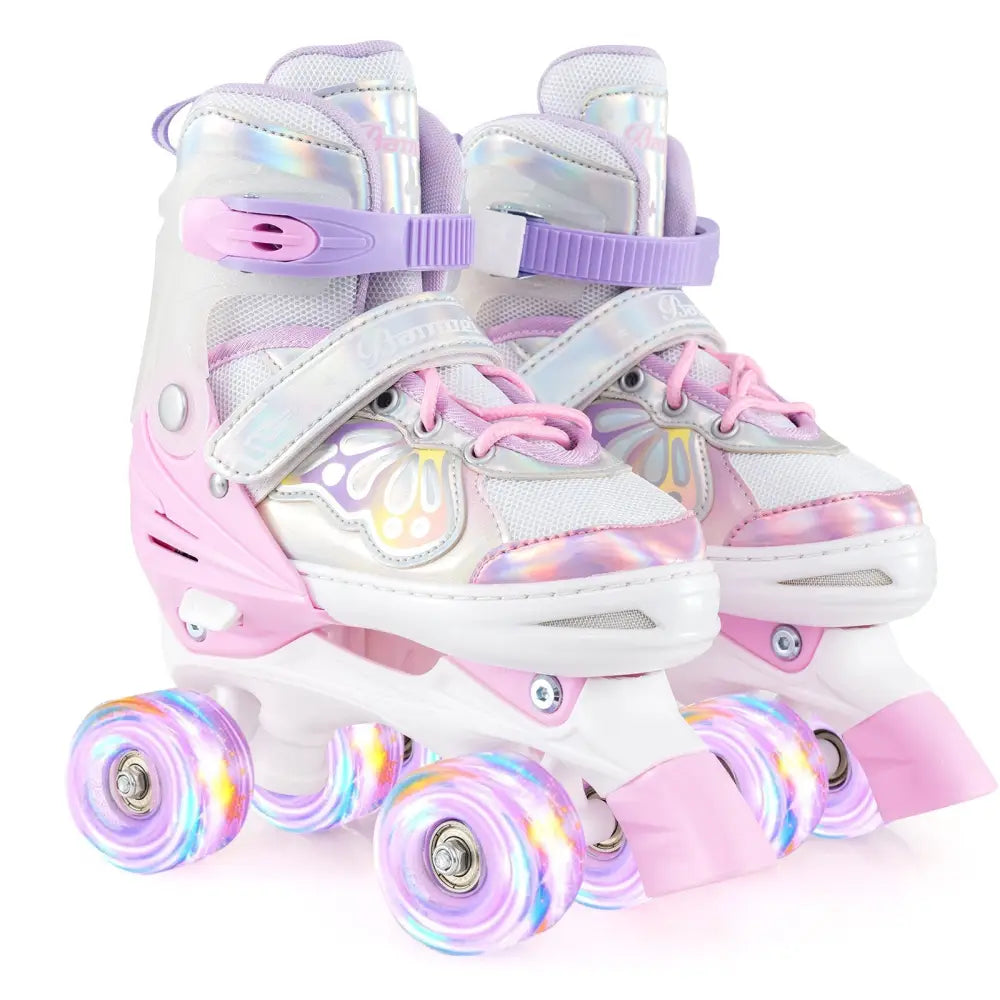 Kids Roller Skates 4 Sizes Adjustable Quad Skates with Light-up Wheels-Pink - Pink - Toy Sports