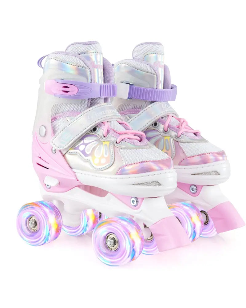 Kids Roller Skates 4 Sizes Adjustable Quad Skates with Light-up Wheels-Pink - Pink - Toy Sports