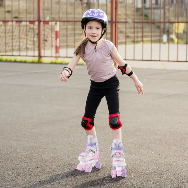 Kids Roller Skates 4 Sizes Adjustable Quad Skates with Light-up Wheels-Pink - Pink - Toy Sports