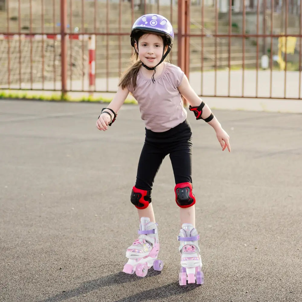 Kids Roller Skates 4 Sizes Adjustable Quad Skates with Light-up Wheels-Pink - Pink - Toy Sports