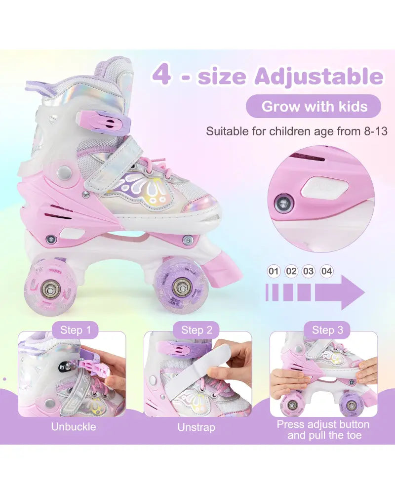 Kids Roller Skates 4 Sizes Adjustable Quad Skates with Light-up Wheels-Pink - Pink - Toy Sports