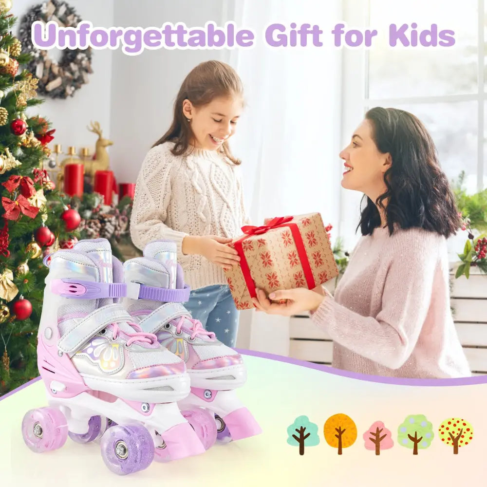 Kids Roller Skates 4 Sizes Adjustable Quad Skates with Light-up Wheels-Pink - Pink - Toy Sports