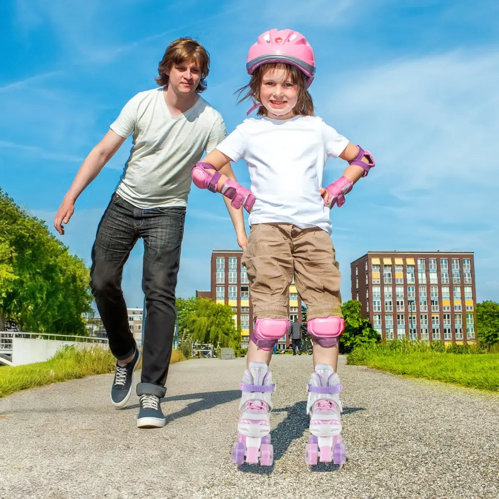 Kids Roller Skates 4 Sizes Adjustable Quad Skates with Light-up Wheels-Pink - Pink - Toy Sports