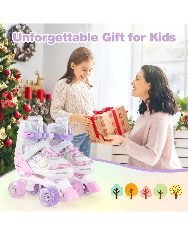 Kids Roller Skates 4 Sizes Adjustable Quad Skates with Light-up Wheels-Pink - Pink - Toy Sports
