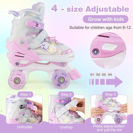 Kids Roller Skates 4 Sizes Adjustable Quad Skates with Light-up Wheels-Pink - Pink - Toy Sports
