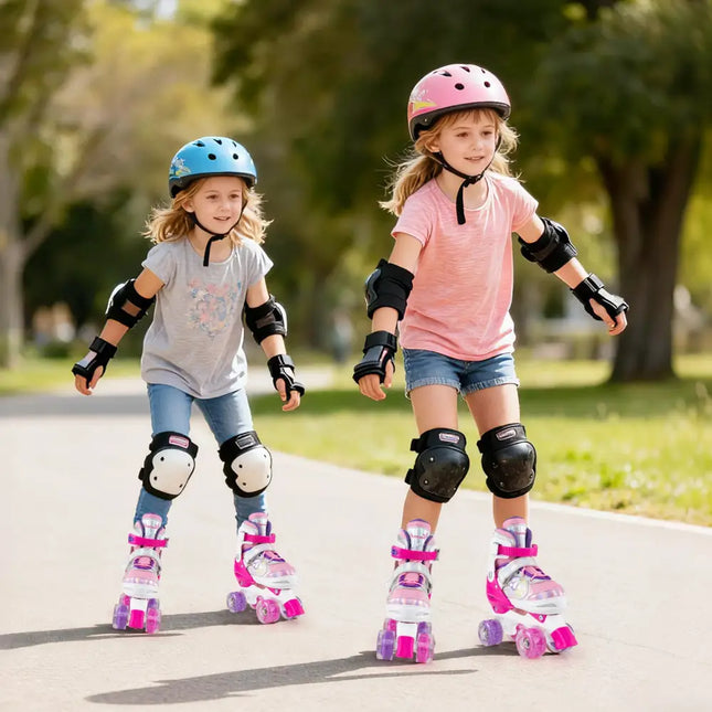 Kids Roller Skates 4 Sizes Adjustable Quad Skates with Light-up Wheels-Rose Red - Rose Red - Toy Sports
