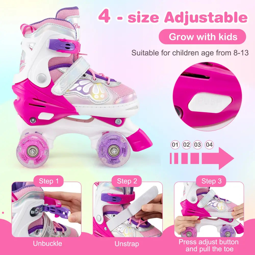 Kids Roller Skates 4 Sizes Adjustable Quad Skates with Light-up Wheels-Rose Red - Rose Red - Toy Sports