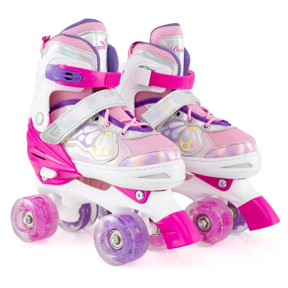 Kids Roller Skates 4 Sizes Adjustable Quad Skates with Light-up Wheels-Rose Red - Rose Red - Toy Sports