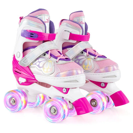Kids Roller Skates 4 Sizes Adjustable Quad Skates with Light-up Wheels-Rose Red - Rose Red - Toy Sports