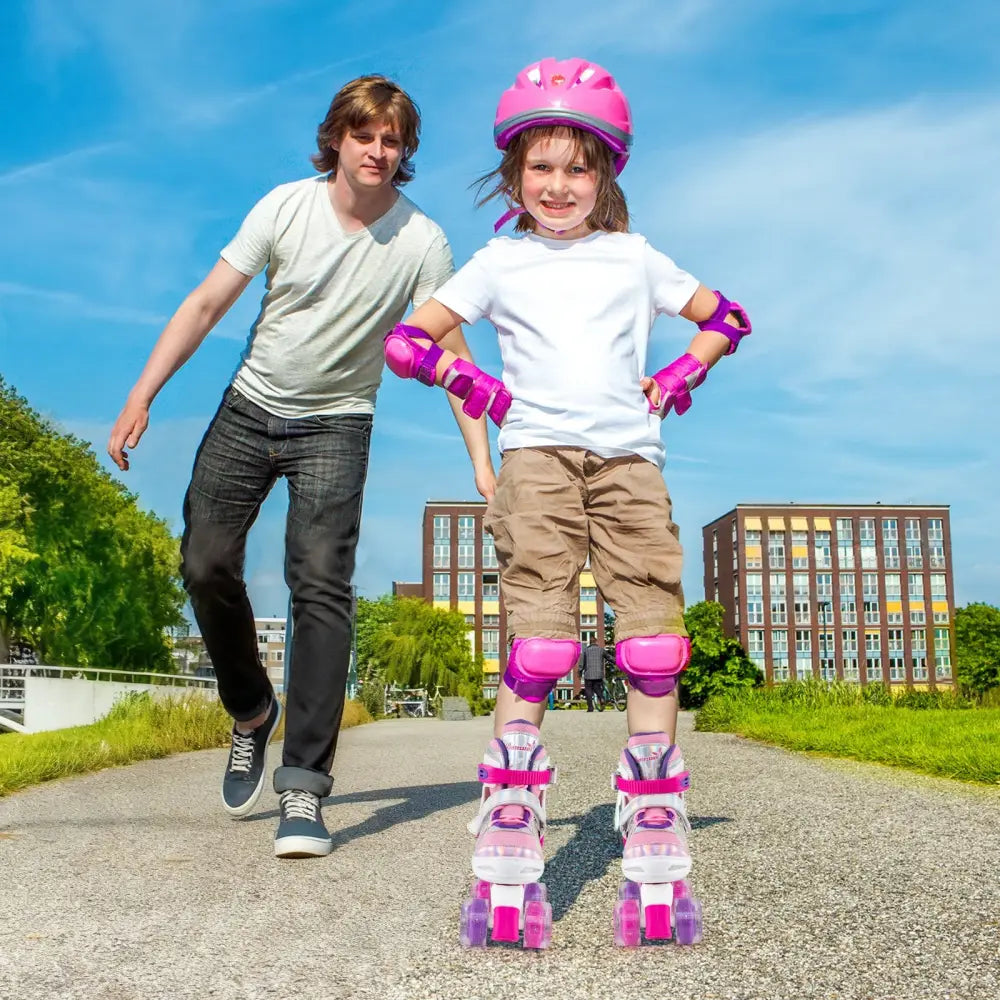 Kids Roller Skates 4 Sizes Adjustable Quad Skates with Light-up Wheels-Rose Red - Rose Red - Toy Sports