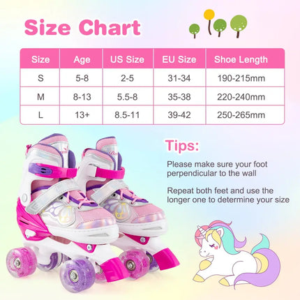 Kids Roller Skates 4 Sizes Adjustable Quad Skates with Light-up Wheels-Rose Red - Rose Red - Toy Sports