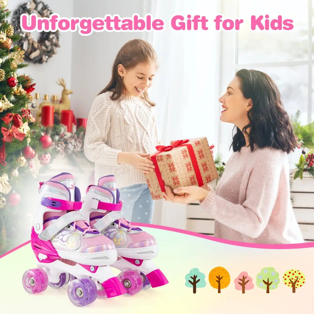 Kids Roller Skates 4 Sizes Adjustable Quad Skates with Light-up Wheels-Rose Red - Rose Red - Toy Sports
