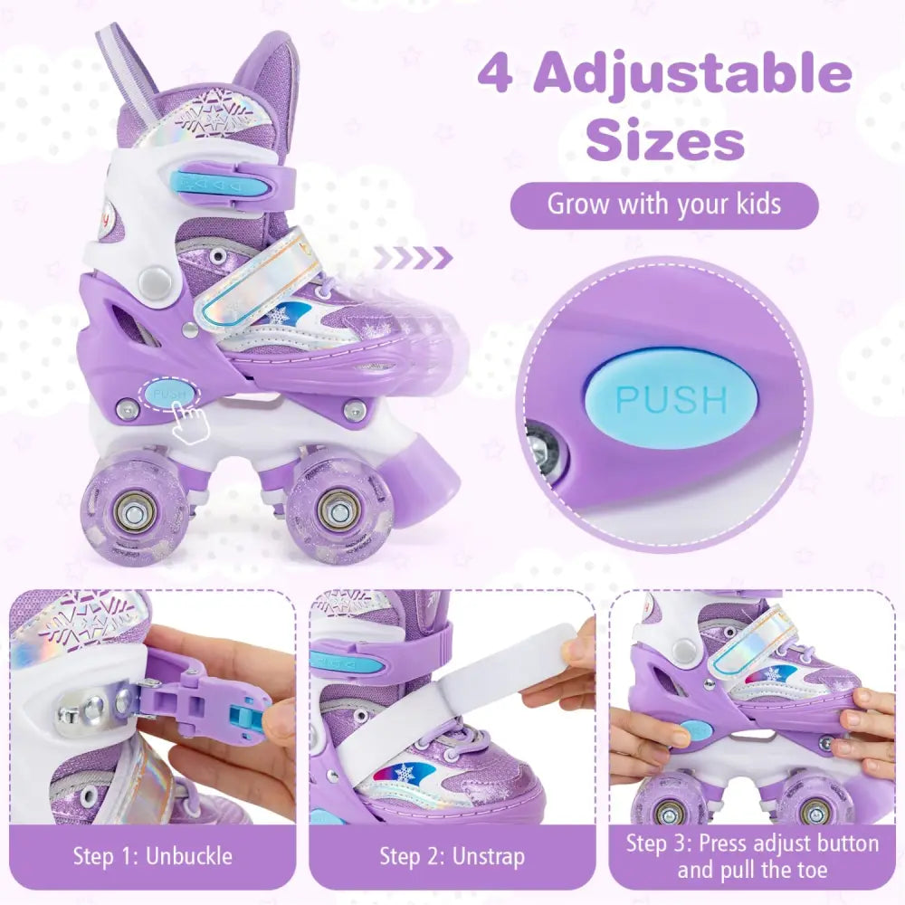 Kids Roller Skates 4 Sizes Adjustable with Light-up Wheels for Toddler Aged 3-4 (XS)-Purple - Purple - Toy Sports