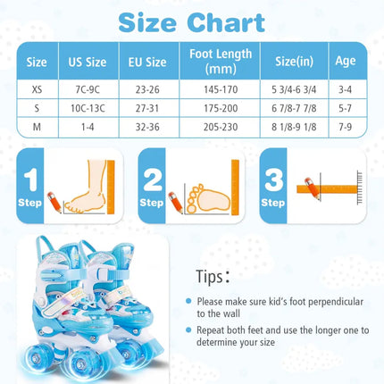 Kids Roller Skates 4 Sizes Adjustable with Light-up Wheels for Toddler Aged 3-4 (XS)-Blue - Blue - Toy Sports