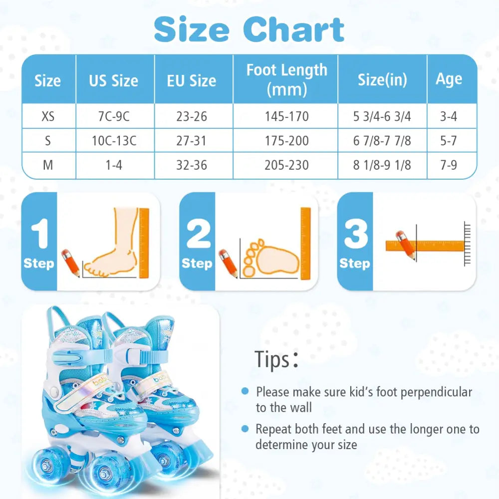 Kids Roller Skates 4 Sizes Adjustable with Light-up Wheels for Toddler Aged 3-4 (XS)-Blue - Blue - Toy Sports