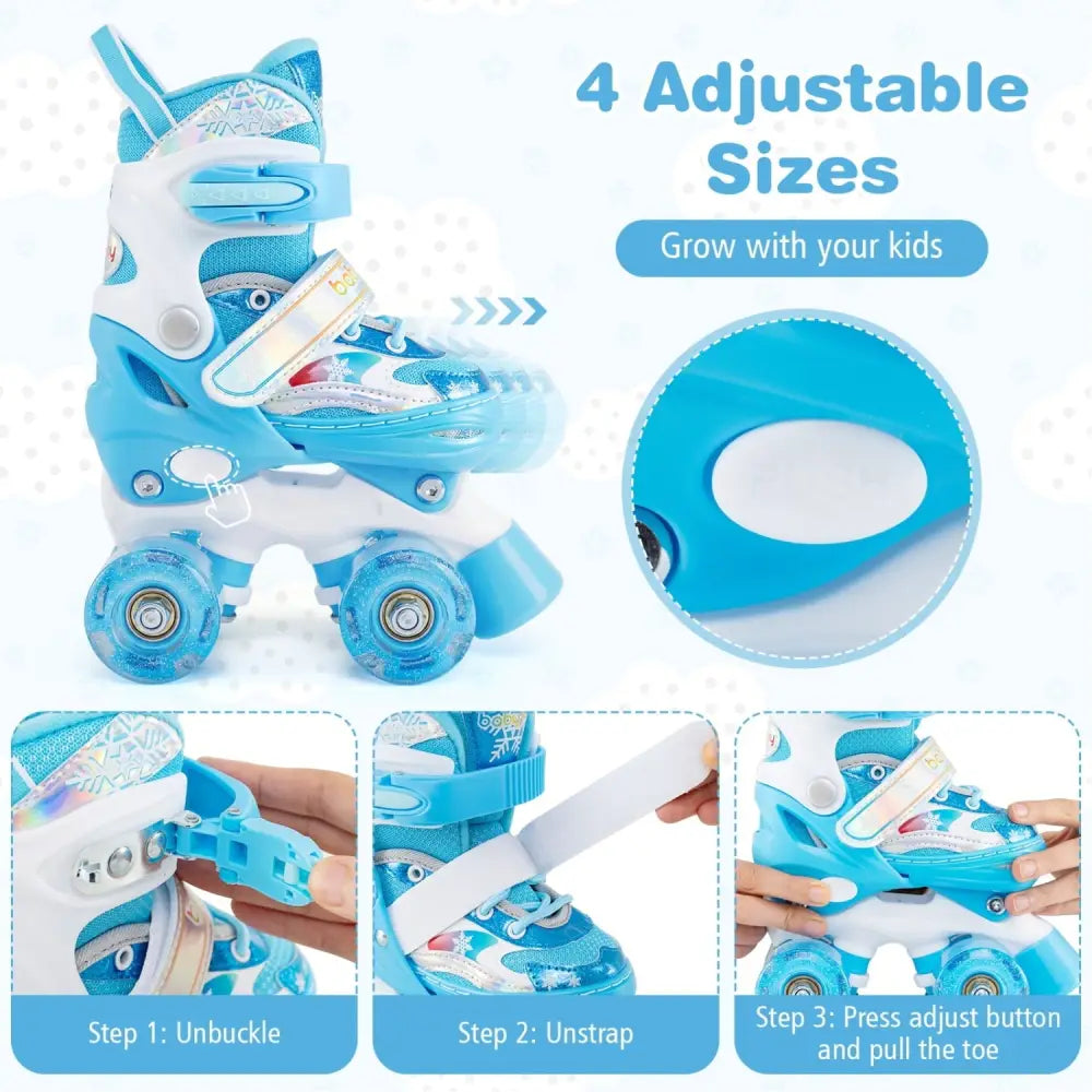 Kids Roller Skates 4 Sizes Adjustable with Light-up Wheels for Toddler Aged 3-4 (XS)-Blue - Blue - Toy Sports