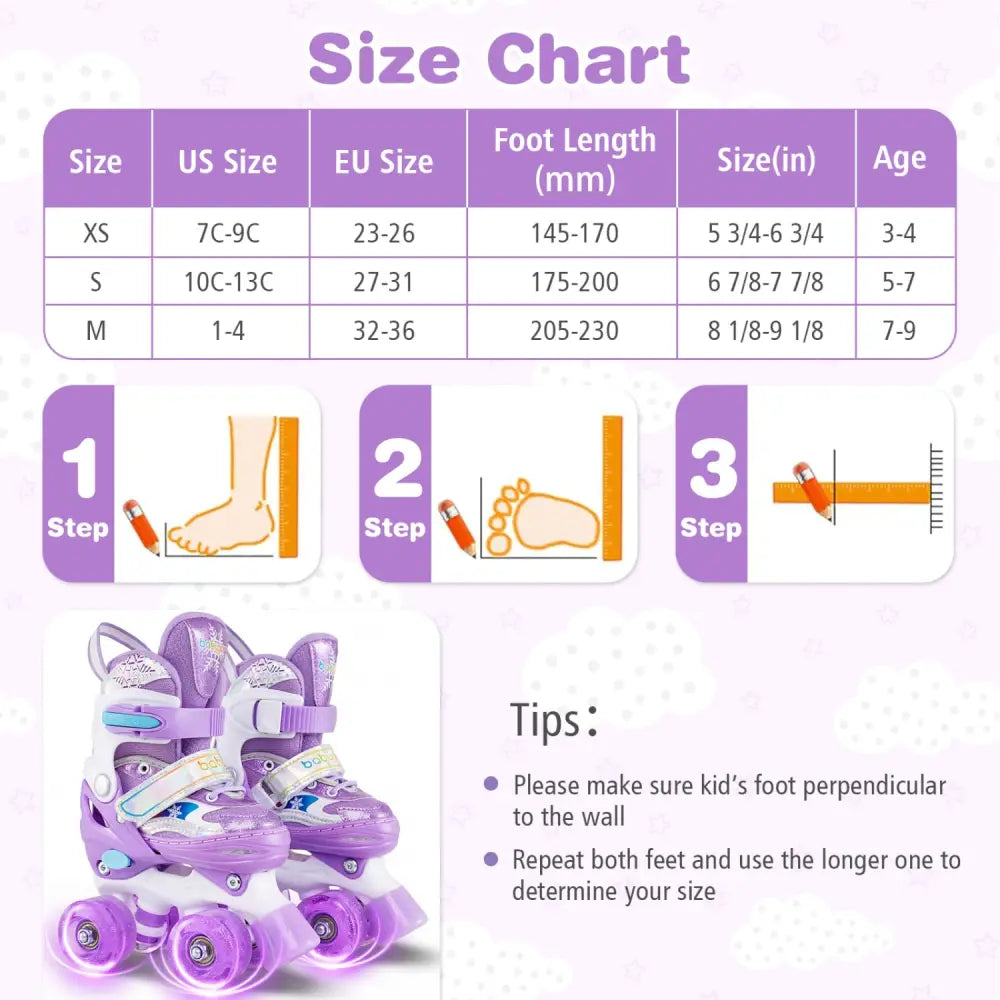 Kids Roller Skates 4 Sizes Adjustable with Light-up Wheels for Toddler Aged 3-4 (XS)-Purple - Purple - Toy Sports