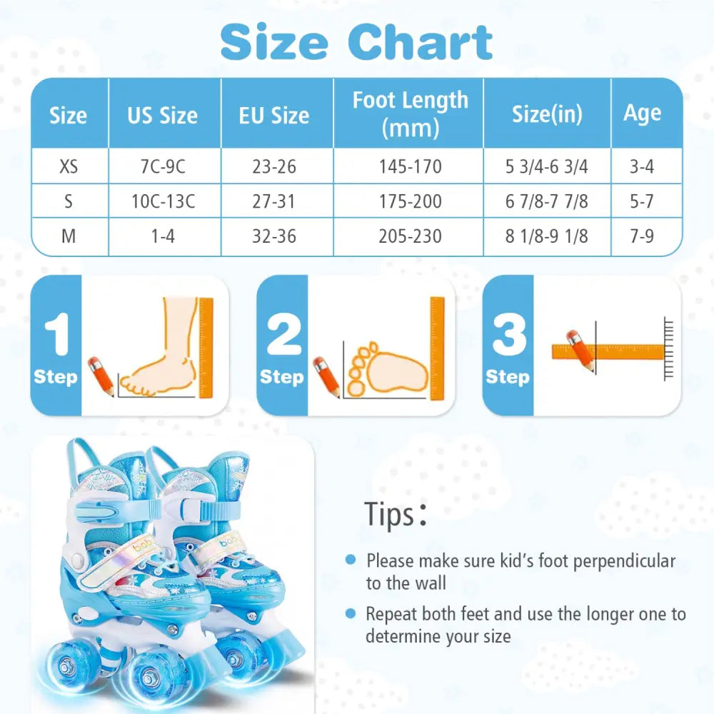 Kids Roller Skates 4 Sizes Adjustable with Light-up Wheels for Toddler Aged 3-4 (XS)-Blue - Blue - Toy Sports