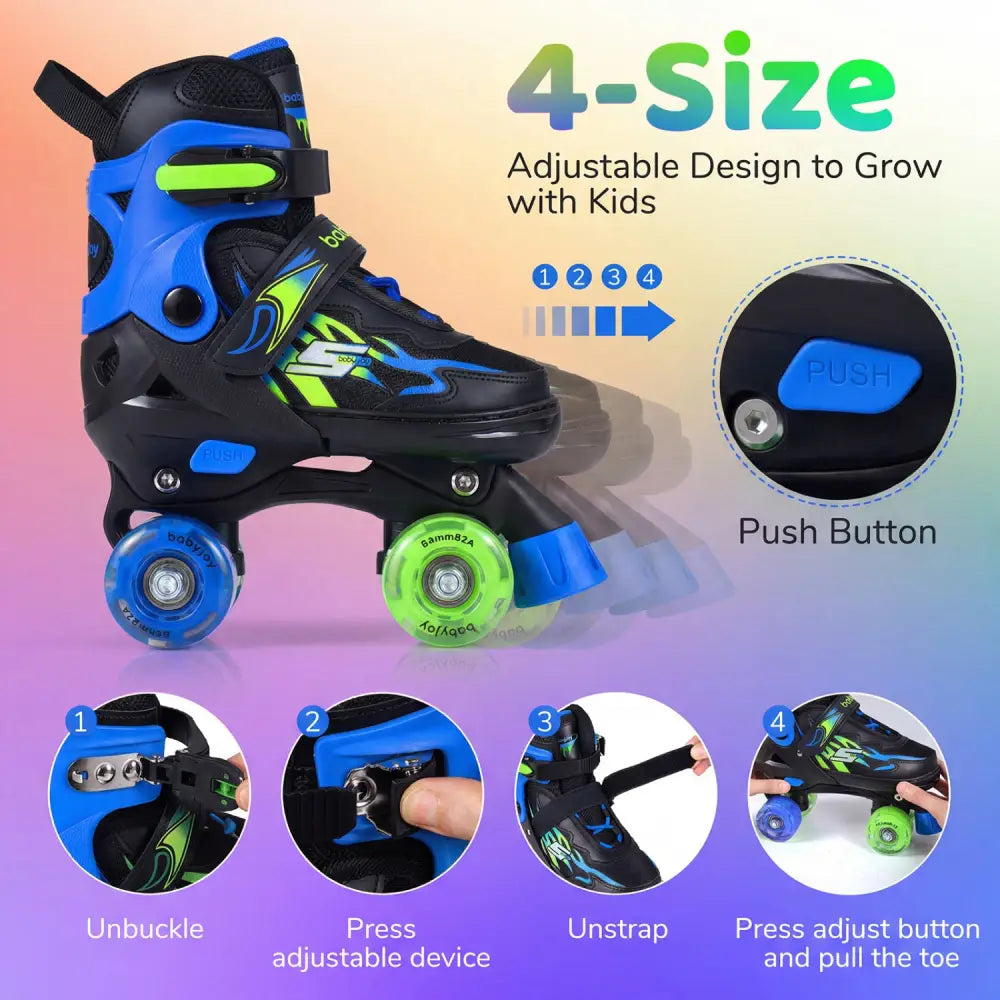 Kids Roller Skates for Girls Boys 4 Sizes Adjustable Quad Skates with Light-up Wheels-Navy - Navy - Toy Sports