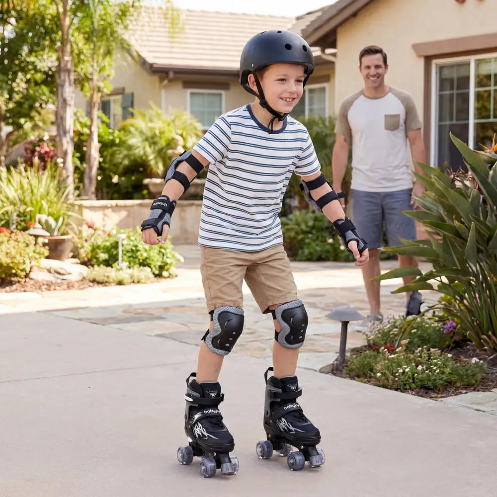 Kids Roller Skates for Girls Boys 4 Sizes Adjustable Quad Skates with Light-up Wheels for Outdoor-Black - Black - Toy