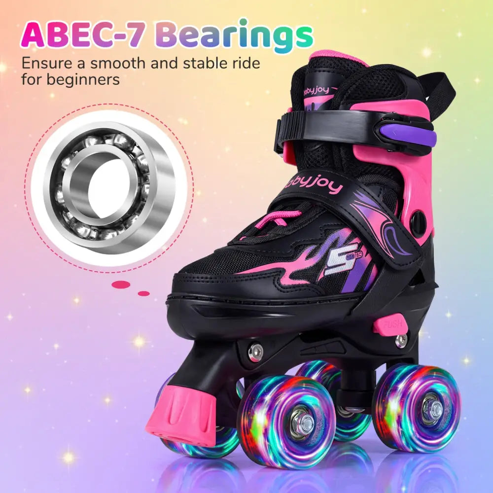 Kids Roller Skates for Girls Boys 4 Sizes Adjustable Quad Skates with Light-up Wheels-Pink - Pink - Toy Sports