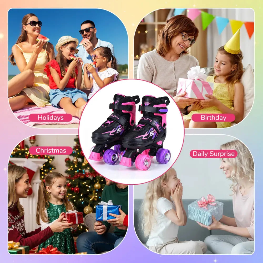 Kids Roller Skates for Girls Boys 4 Sizes Adjustable Quad Skates with Light-up Wheels-Pink - Pink - Toy Sports