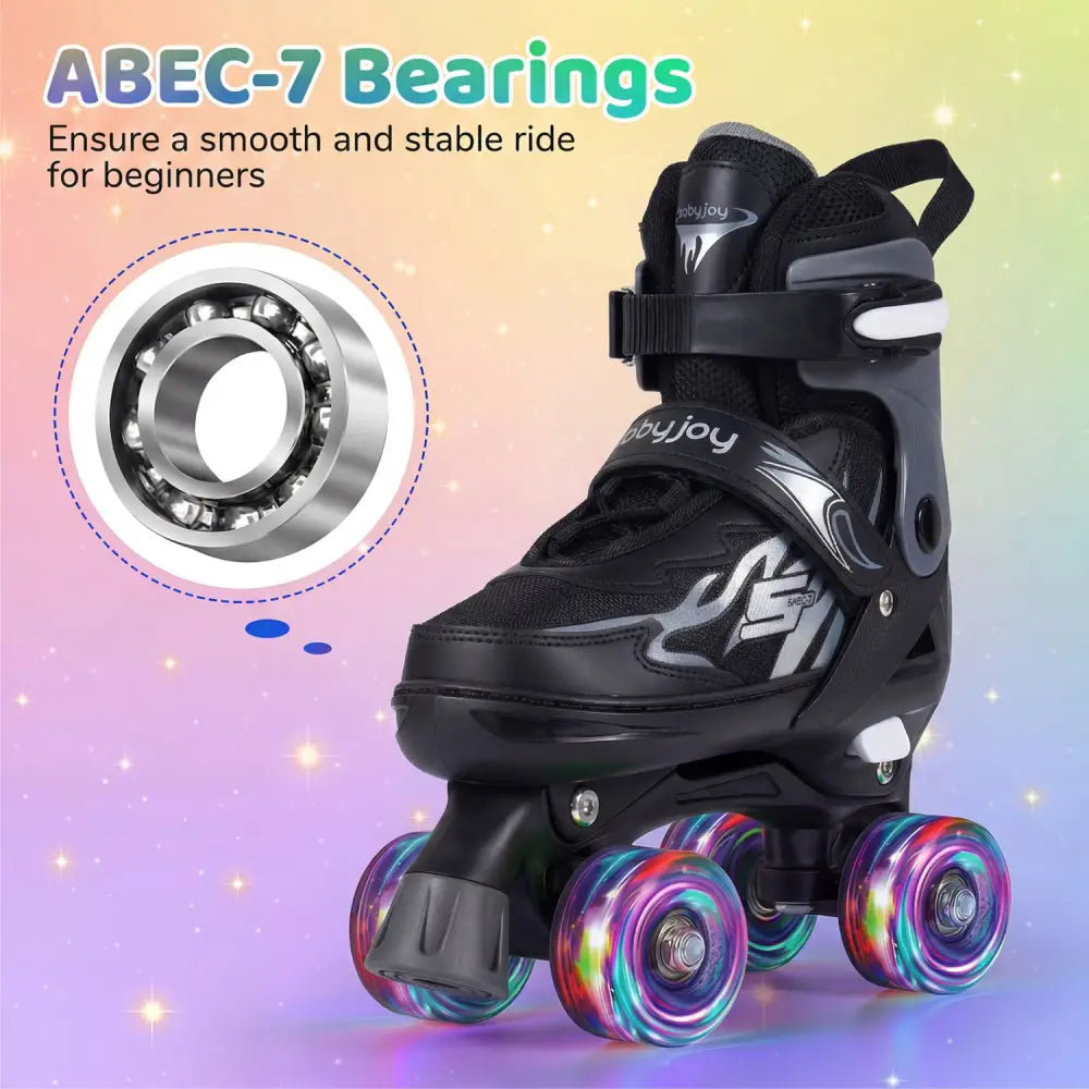 Kids Roller Skates for Girls Boys 4 Sizes Adjustable Quad Skates with Light-up Wheels for Outdoor-Black - Black - Toy
