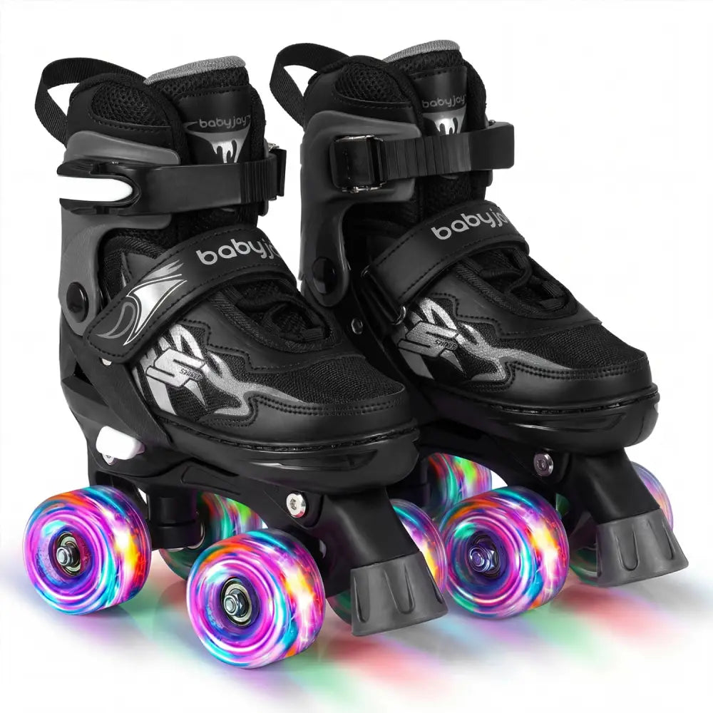 Kids Roller Skates for Girls Boys 4 Sizes Adjustable Quad Skates with Light-up Wheels-Black - Black - Toy Sports