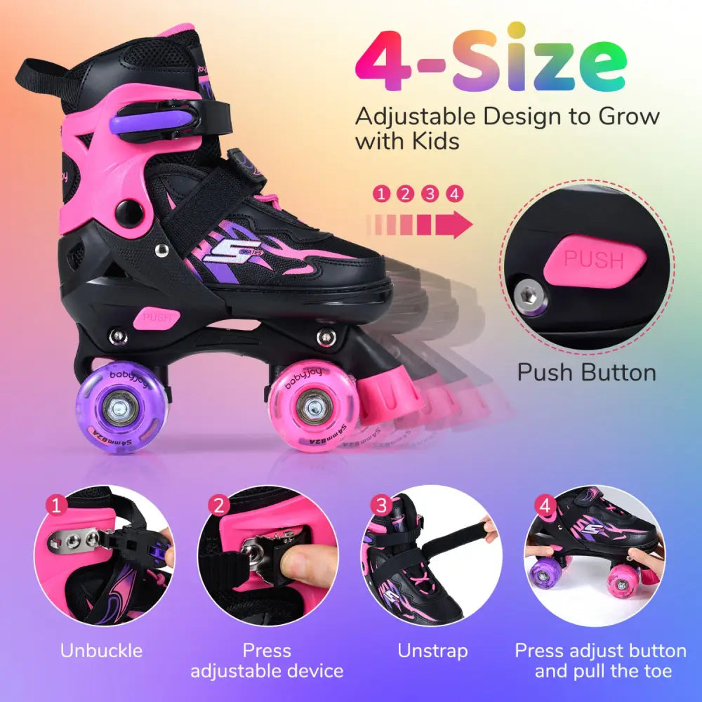 Kids Roller Skates for Girls Boys 4 Sizes Adjustable Quad Skates with Light-up Wheels-Pink - Pink - Toy Sports