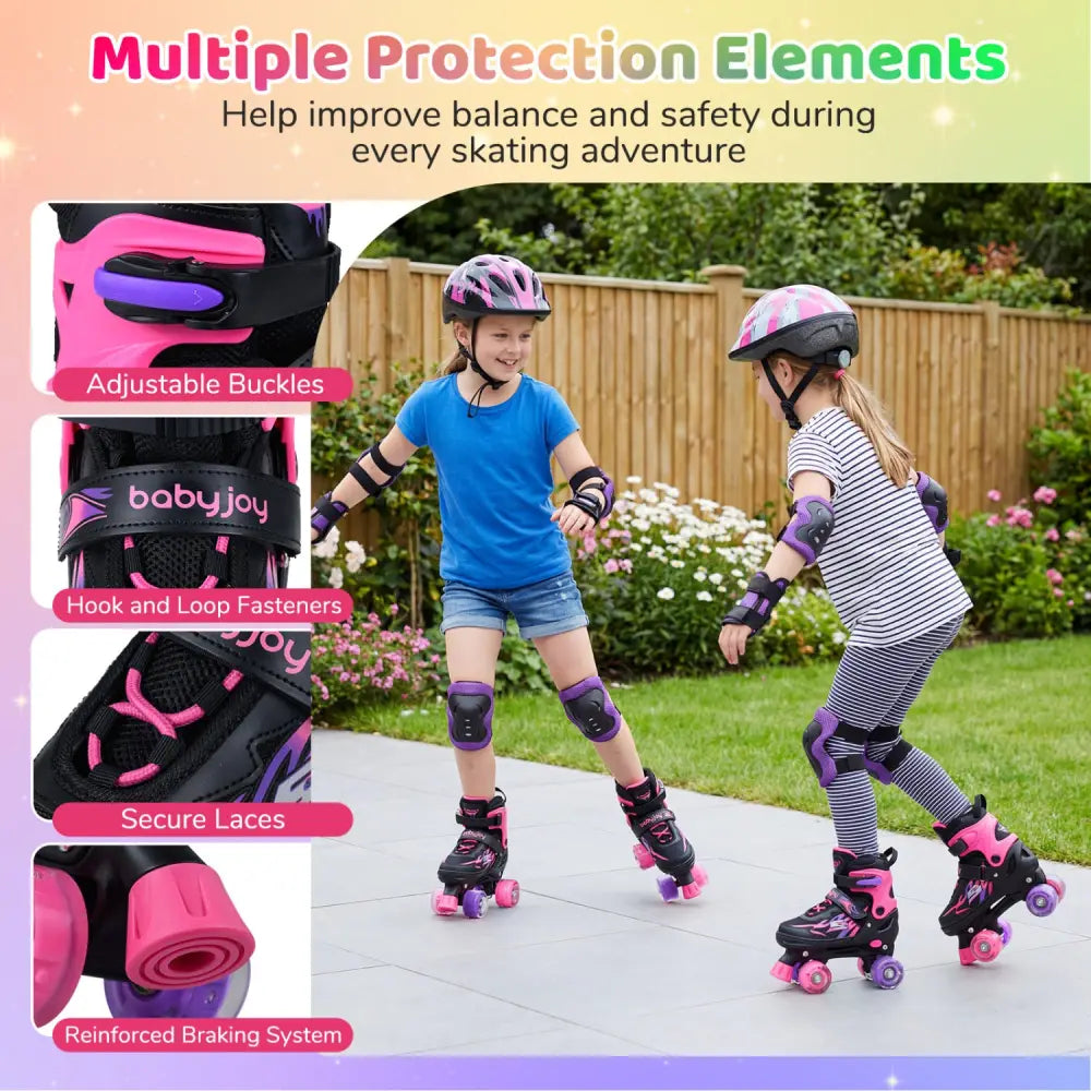 Kids Roller Skates for Girls Boys 4 Sizes Adjustable Quad Skates with Light-up Wheels for Outdoor-Pink - Pink - Toy