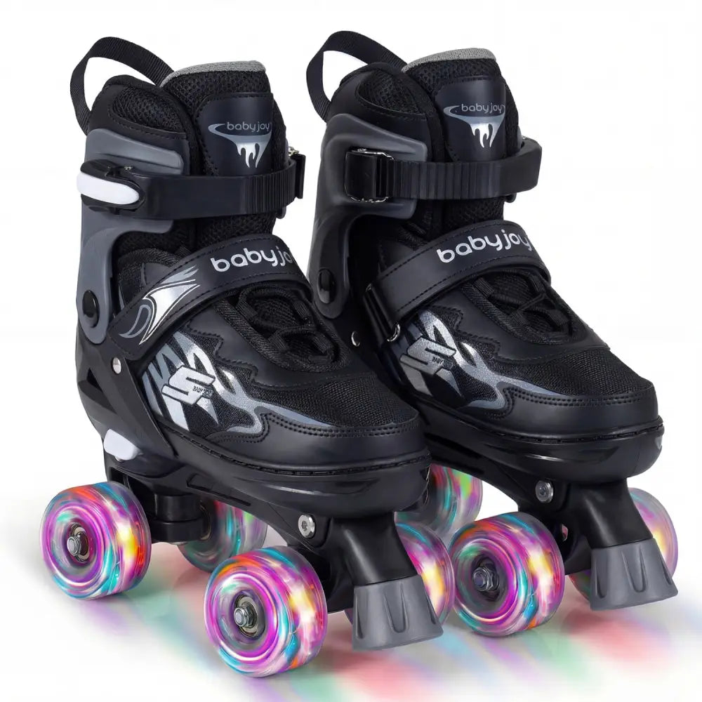 Kids Roller Skates for Girls Boys 4 Sizes Adjustable Quad Skates with Light-up Wheels for Outdoor-Black - Black - Toy