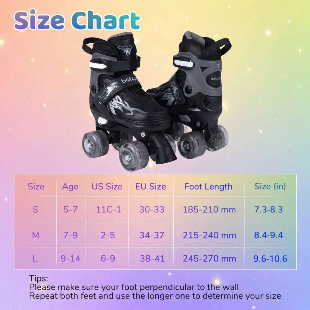 Kids Roller Skates for Girls Boys 4 Sizes Adjustable Quad Skates with Light-up Wheels-Black - Black - Toy Sports