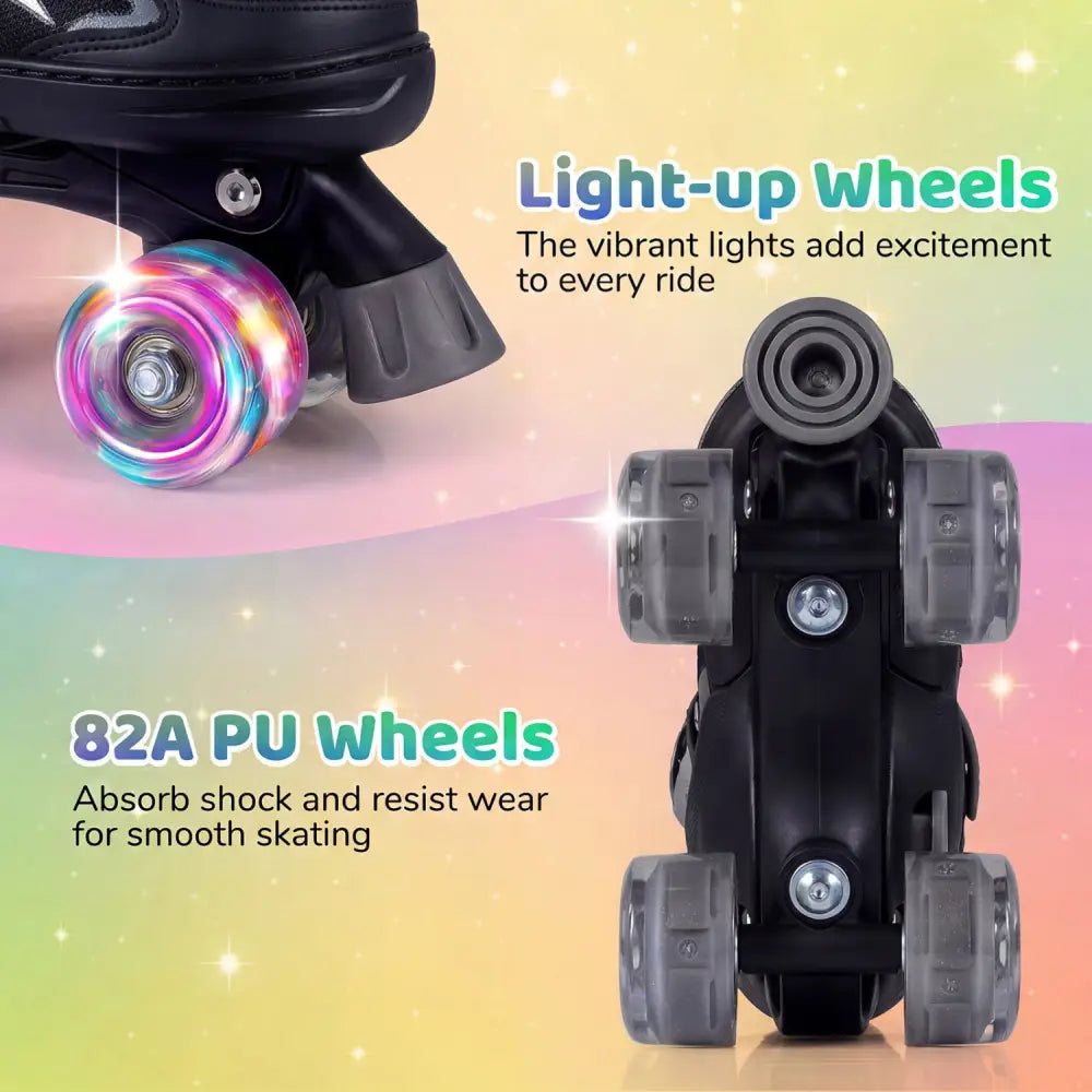 Kids Roller Skates for Girls Boys 4 Sizes Adjustable Quad Skates with Light-up Wheels for Outdoor-Black - Black - Toy