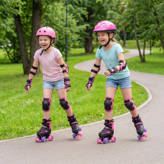 Kids Roller Skates for Girls Boys 4 Sizes Adjustable Quad Skates with Light-up Wheels for Outdoor-Pink - Pink - Toy