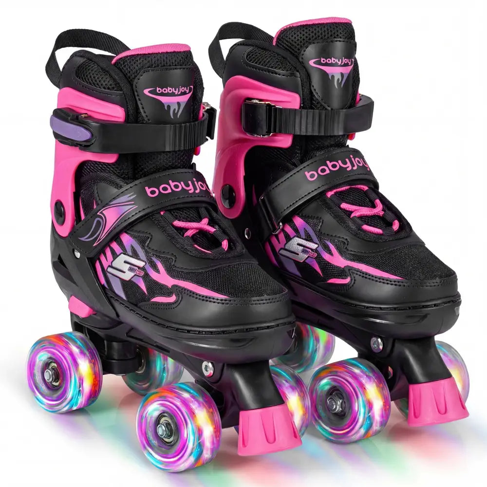 Kids Roller Skates for Girls Boys 4 Sizes Adjustable Quad Skates with Light-up Wheels for Outdoor-Pink - Pink - Toy