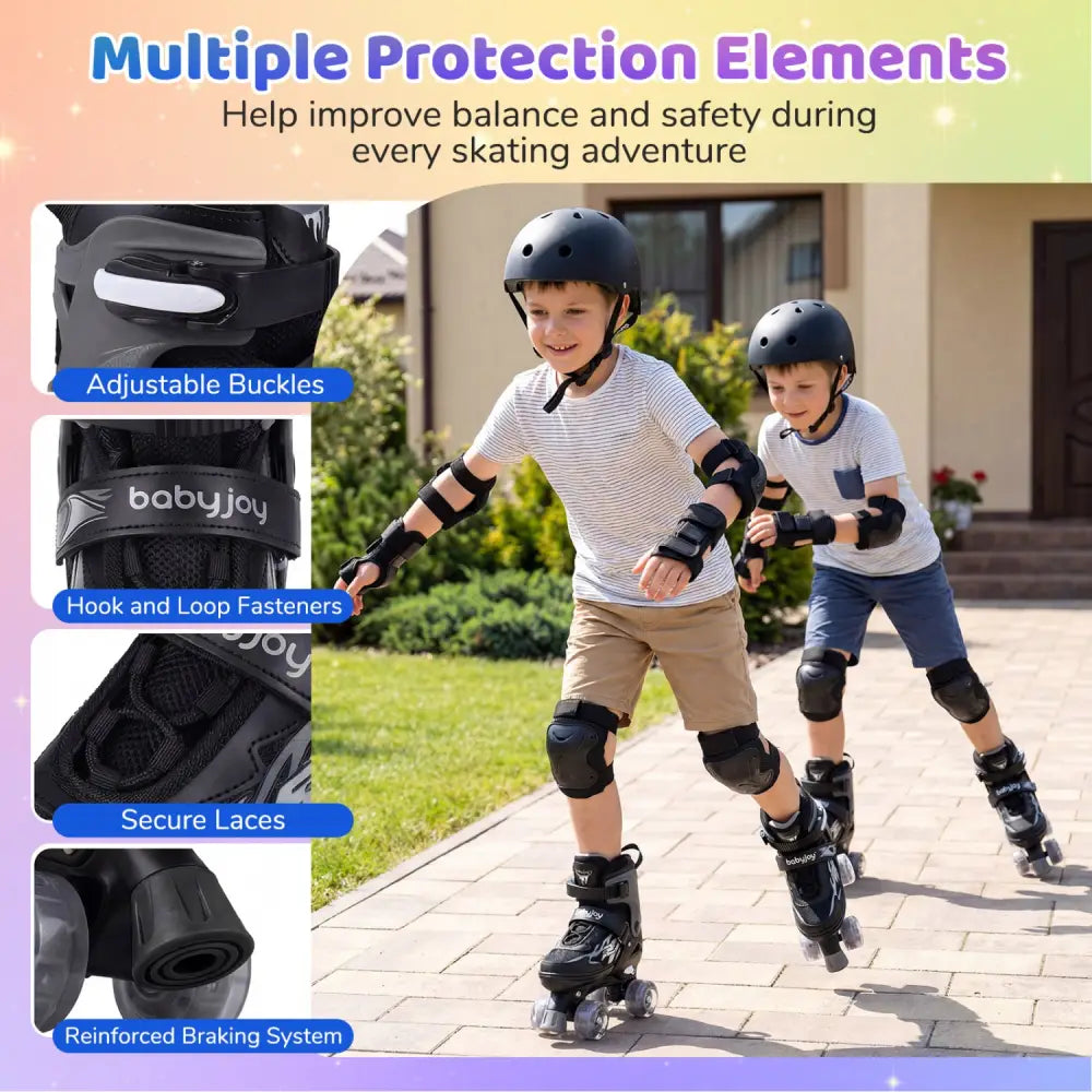 Kids Roller Skates for Girls Boys 4 Sizes Adjustable Quad Skates with Light-up Wheels for Outdoor-Black - Black - Toy