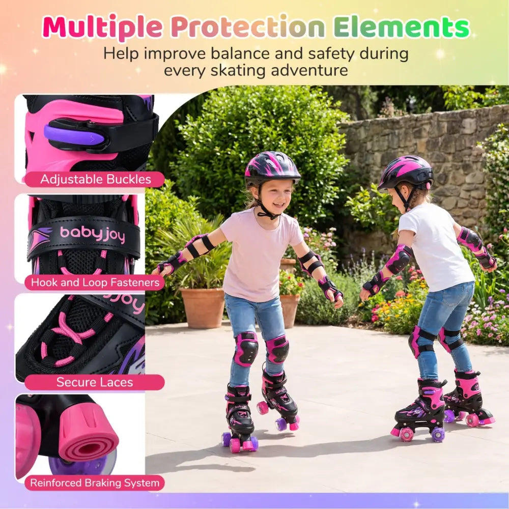Kids Roller Skates for Girls Boys 4 Sizes Adjustable Quad Skates with Light-up Wheels-Pink - Pink - Toy Sports