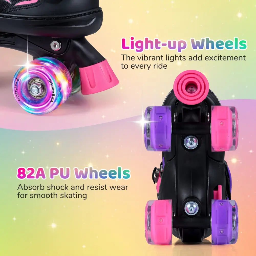 Kids Roller Skates for Girls Boys 4 Sizes Adjustable Quad Skates with Light-up Wheels-Pink - Pink - Toy Sports