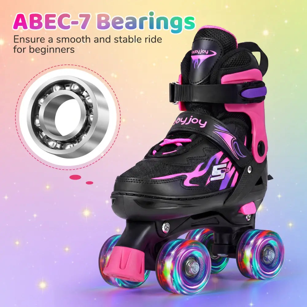 Kids Roller Skates for Girls Boys 4 Sizes Adjustable Quad Skates with Light-up Wheels for Outdoor-Pink - Pink - Toy