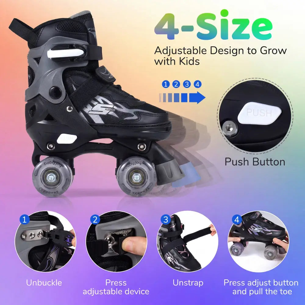 Kids Roller Skates for Girls Boys 4 Sizes Adjustable Quad Skates with Light-up Wheels-Black - Black - Toy Sports