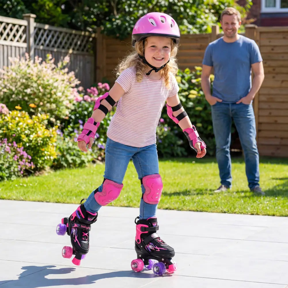 Kids Roller Skates for Girls Boys 4 Sizes Adjustable Quad Skates with Light-up Wheels-Pink - Pink - Toy Sports