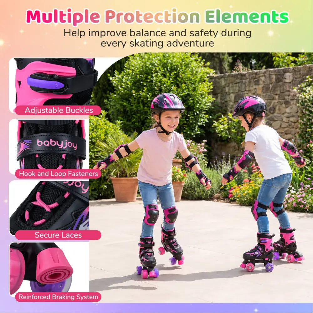 Kids Roller Skates for Girls Boys 4 Sizes Adjustable Quad Skates with Light-up Wheels-Pink - Pink - Toy Sports
