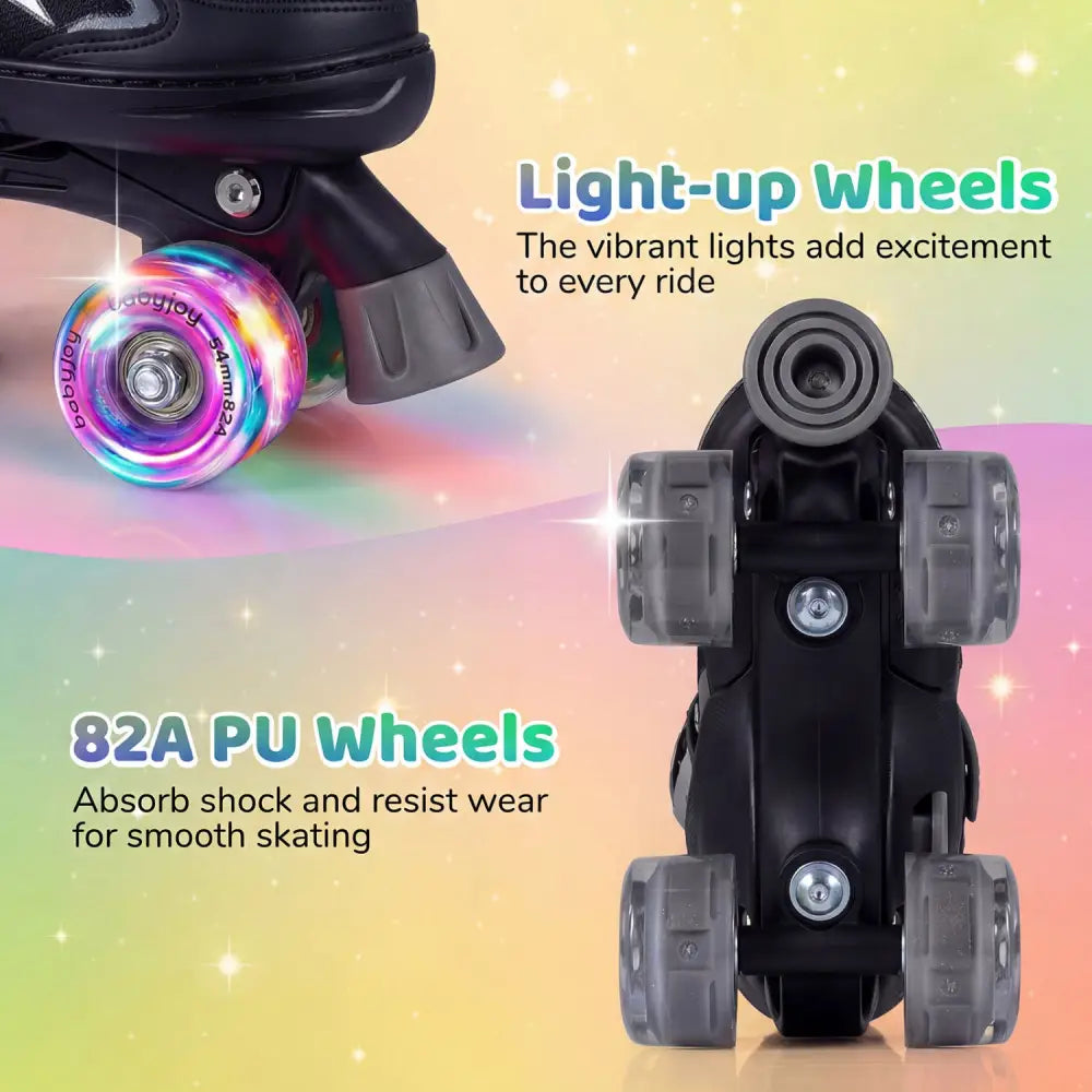 Kids Roller Skates for Girls Boys 4 Sizes Adjustable Quad Skates with Light-up Wheels-Black - Black - Toy Sports