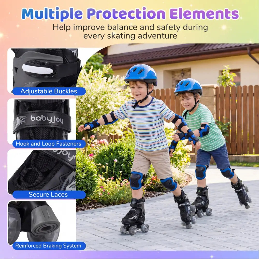 Kids Roller Skates for Girls Boys 4 Sizes Adjustable Quad Skates with Light-up Wheels-Black - Black - Toy Sports