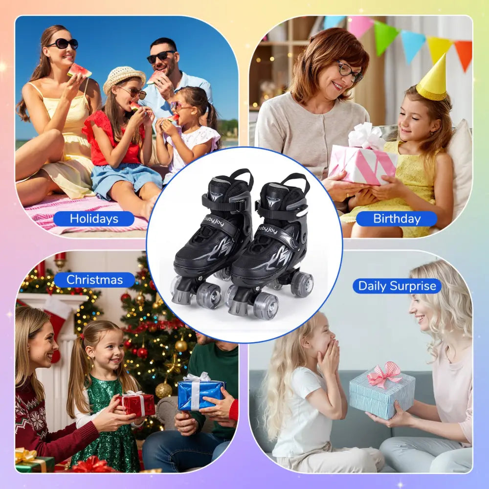 Kids Roller Skates for Girls Boys 4 Sizes Adjustable Quad Skates with Light-up Wheels for Outdoor-Black - Black - Toy