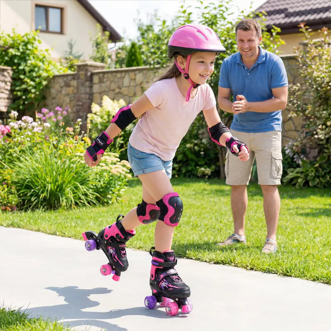 Kids Roller Skates for Girls Boys 4 Sizes Adjustable Quad Skates with Light-up Wheels for Outdoor-Pink - Pink - Toy